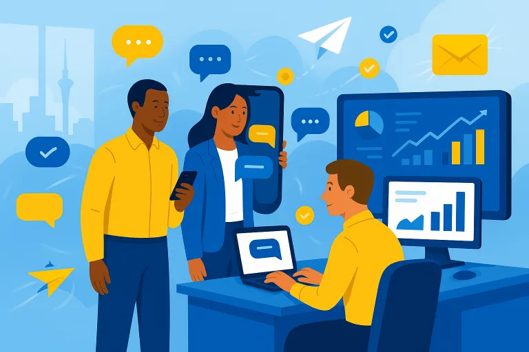 Digital illustration of a diverse team managing mass SMS marketing on phone and desktop dashboards with floating message bubbles, delivery check marks and subtle Auckland skyline, in TextaHQ blue, yellow and white brand colours.