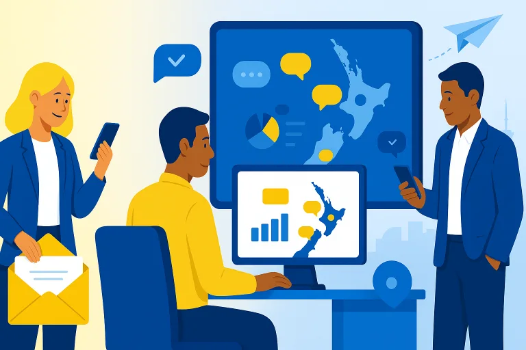 Digital illustration of a diverse team managing SMS business solutions on dashboards with a New Zealand map, message bubbles, analytics charts, smartphone, open envelope and location pin, in TextaHQ blue, yellow and white brand colours.