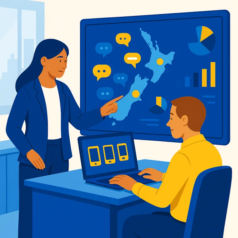 Illustration of two professionals in an office setting viewing a digital map of New Zealand with chat icons, graphs, and charts representing SMS communication and marketing analytics.