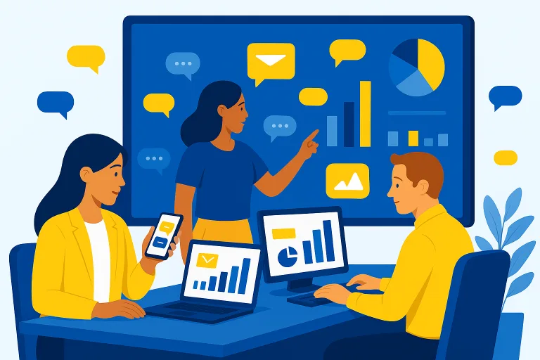 Digital illustration of diverse professionals analysing SMS campaign results on large and laptop dashboards with chat icons and analytics charts in Texta blue, yellow and white brand colours. Digital illustration of diverse professionals analysing SMS campaign results on large and laptop dashboards with chat icons and analytics charts in Texta blue, yellow and white brand colours.
