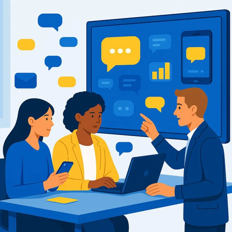 Flat-style digital illustration showing two business professionals in a bright, modern office collaborating on an SMS marketing campaign, with charts and mobile devices visible on the desk.