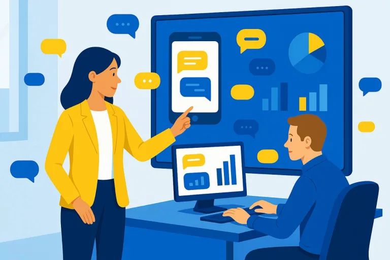 Digital illustration of an Asian woman and a Caucasian man collaborating on SMS marketing campaigns in a modern office, analysing charts and floating message icons on large and desktop screens, in Texta blue, yellow and white brand colours.
